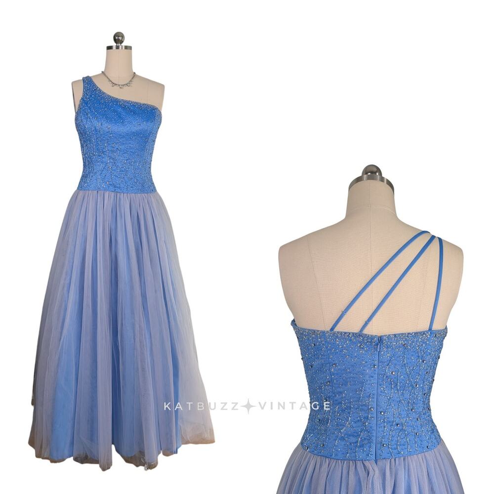 Vintage Prom Dress Maxi Gown 10 Blue Y2K Bead Tulle Shoulder Ball Cinderella